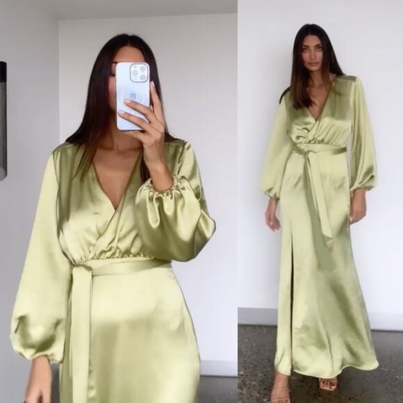 ELLIATT | Kai Maxi Dress in Avocado Green Satin Surplice Balloon Sleeve L - Picture 2 of 16